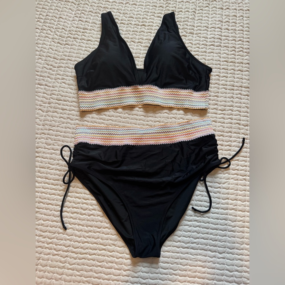 Black Bikini Set with Multicolor Trim